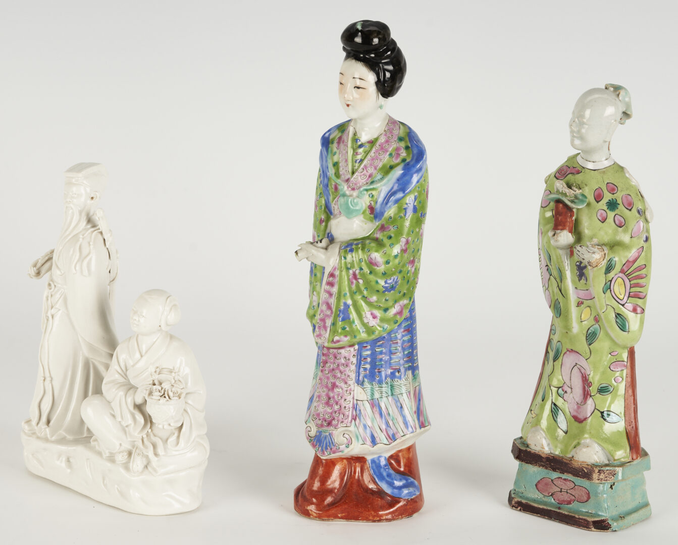 Lot 1067: Five (5) Chinese Porcelain Items: Two (2) Chinese Export and Three (3) Figures, Polychrome and Blanc De Chine