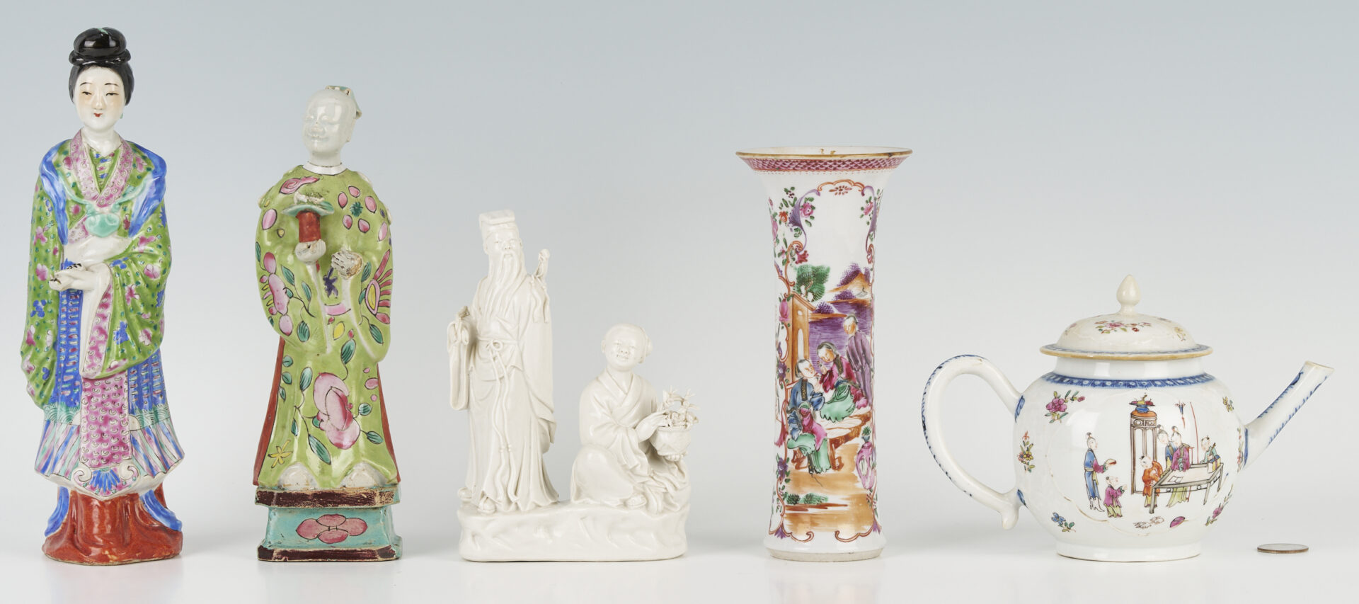 Lot 1067: Five (5) Chinese Porcelain Items: Two (2) Chinese Export and Three (3) Figures, Polychrome and Blanc De Chine