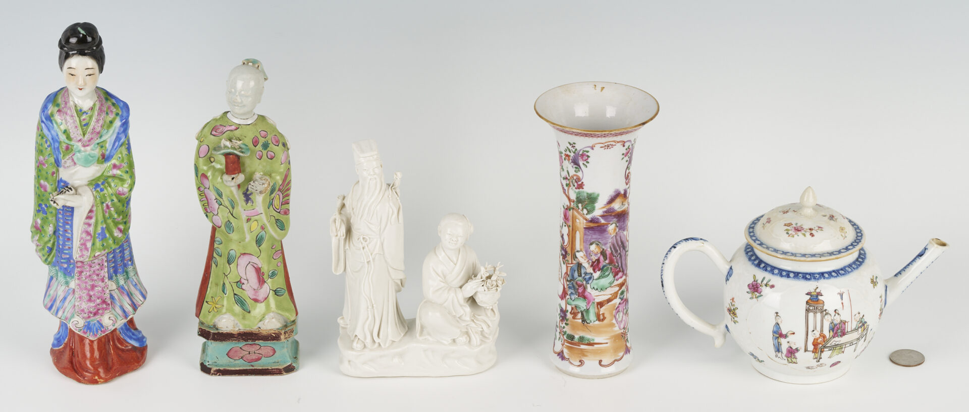 Lot 1067: Five (5) Chinese Porcelain Items: Two (2) Chinese Export and Three (3) Figures, Polychrome and Blanc De Chine