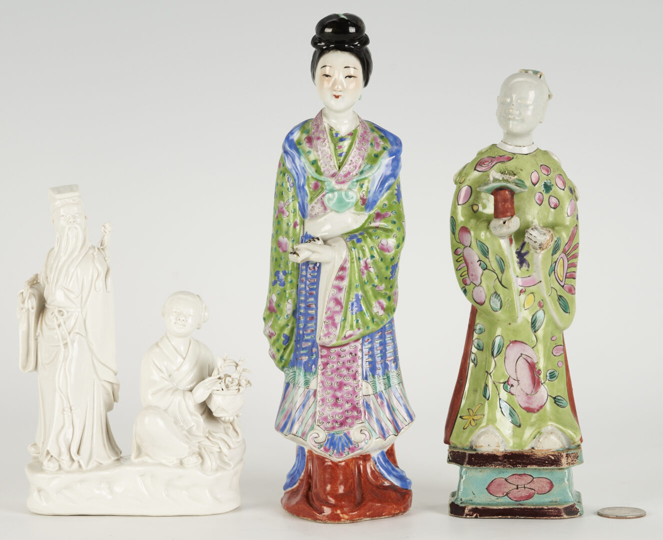 Lot 1067: Five (5) Chinese Porcelain Items: Two (2) Chinese Export and Three (3) Figures, Polychrome and Blanc De Chine