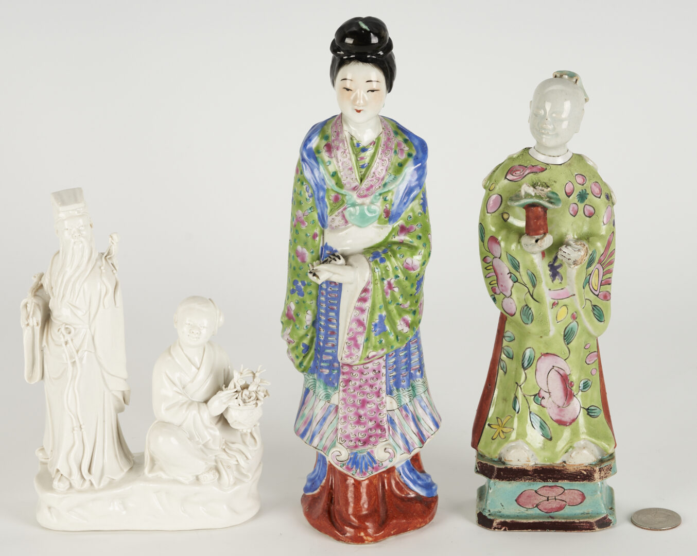 Lot 1067: Five (5) Chinese Porcelain Items: Two (2) Chinese Export and Three (3) Figures, Polychrome and Blanc De Chine