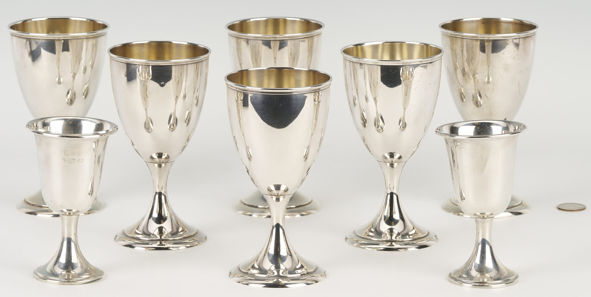 Lot 1079: 6 International Sterling Goblets & 2 Newport Sterling Youth Goblets, 8 Total