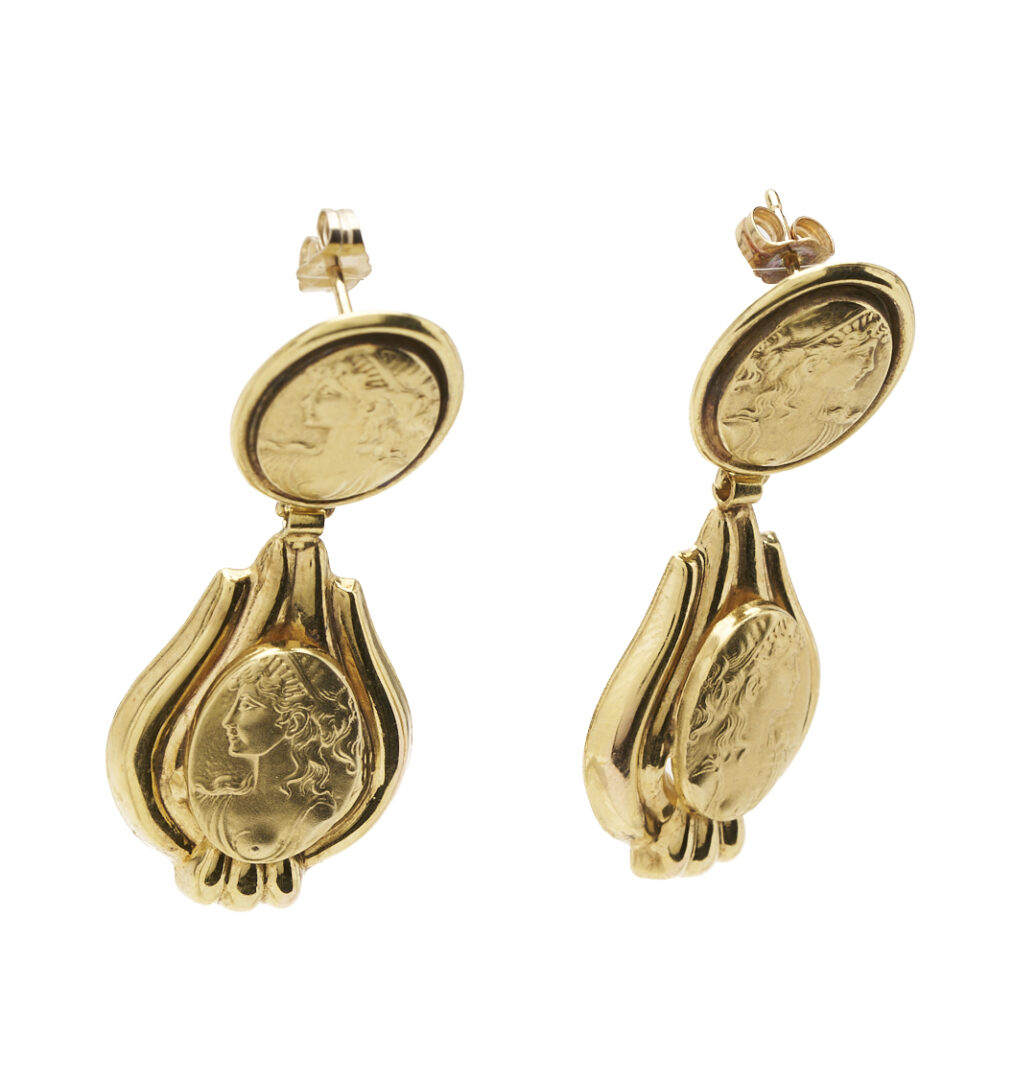 Lot 1094: Two (2) Pairs of Earrings & a Brooch: 14K Gold Earrings; 10K Gold Earrings; 14K Gold & Diamond Brooch