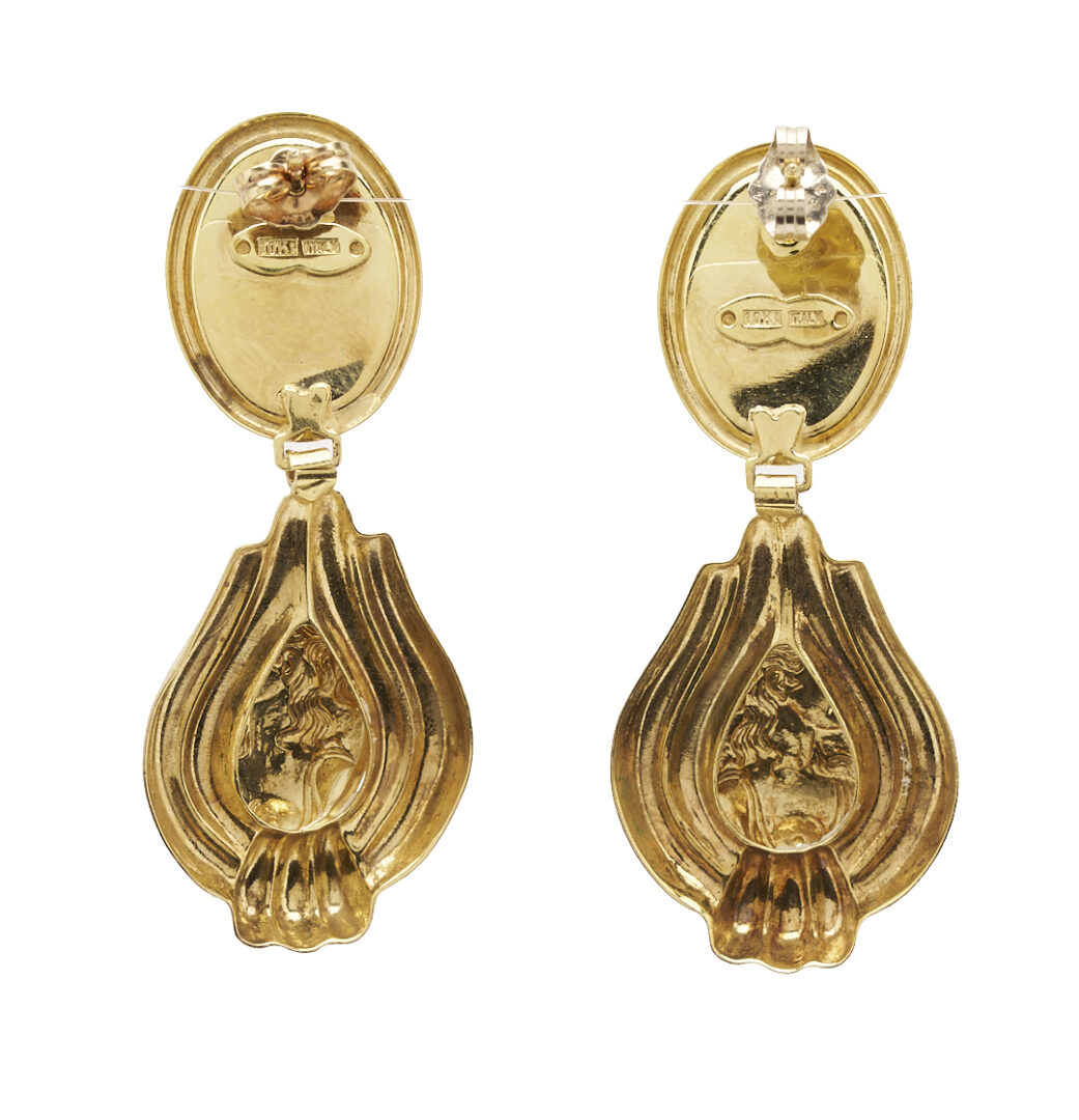 Lot 1094: Two (2) Pairs of Earrings & a Brooch: 14K Gold Earrings; 10K Gold Earrings; 14K Gold & Diamond Brooch