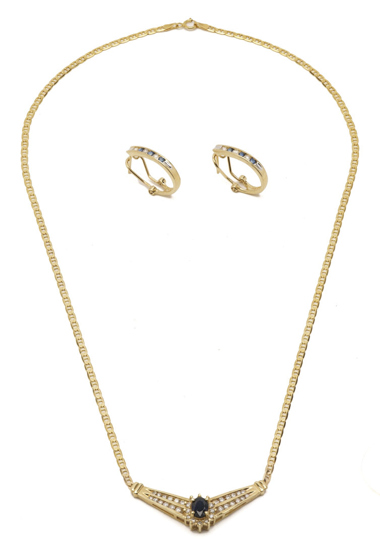 Lot 1096: Ladies' 14K Yellow Gold, Diamond & Sapphire Necklace and Hoop Earrings