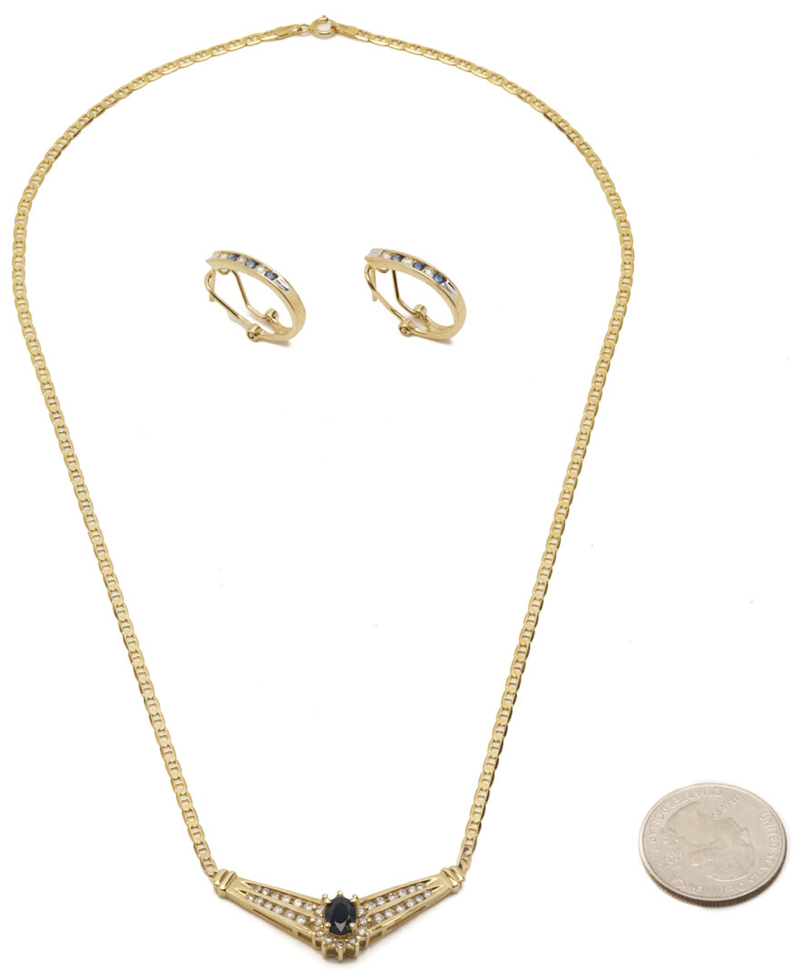 Lot 1096: Ladies' 14K Yellow Gold, Diamond & Sapphire Necklace and Hoop Earrings