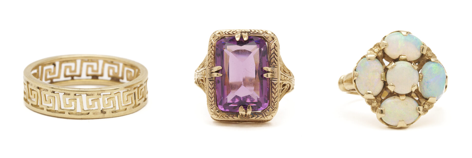 Lot 1105: Three (3) 14K Gold Rings: Filigree Ring w/ Amethyst, Opal Ring, and Greek Key