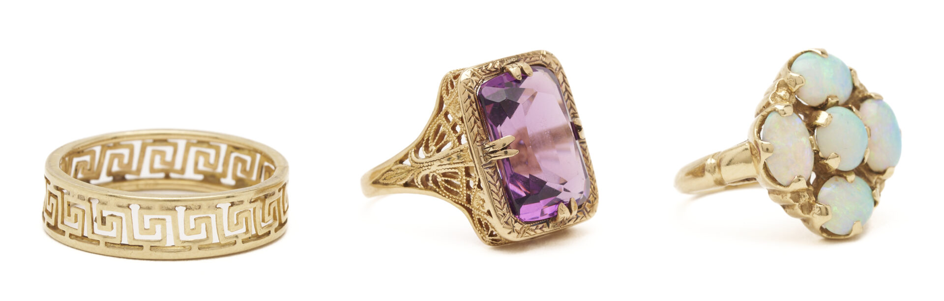 Lot 1105: Three (3) 14K Gold Rings: Filigree Ring w/ Amethyst, Opal Ring, and Greek Key