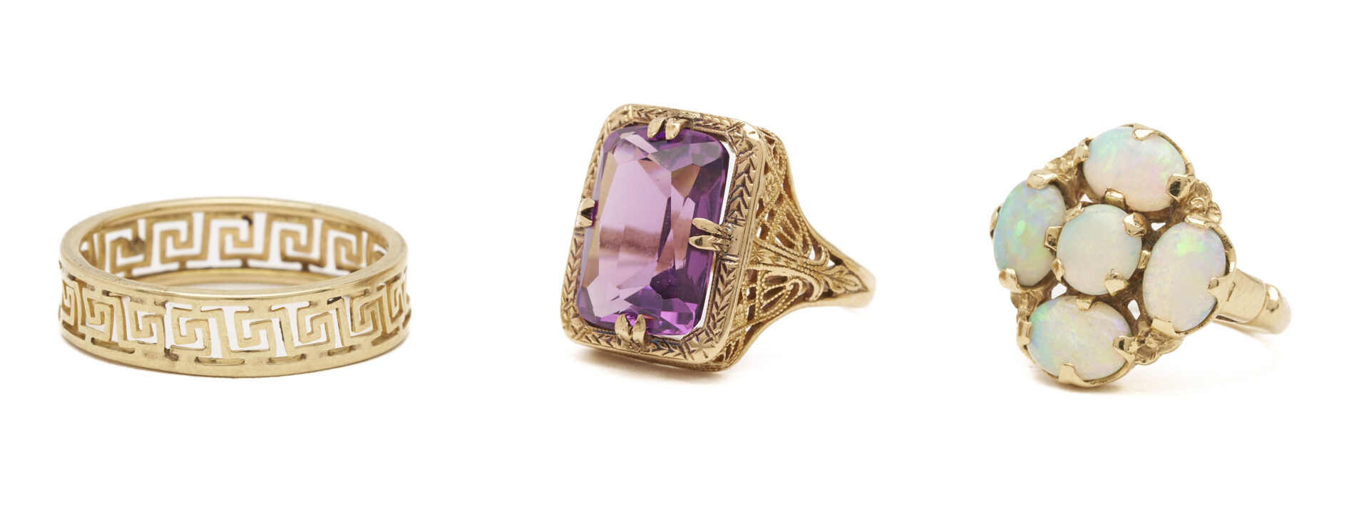 Lot 1105: Three (3) 14K Gold Rings: Filigree Ring w/ Amethyst, Opal Ring, and Greek Key