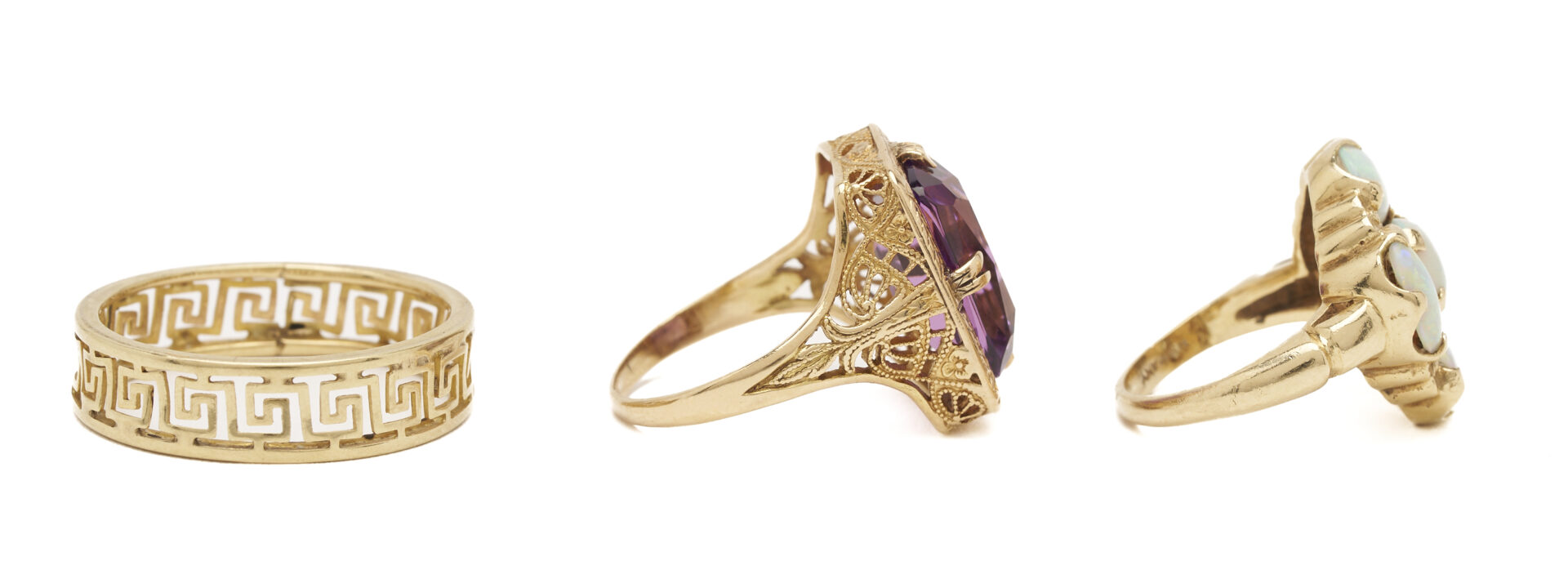 Lot 1105: Three (3) 14K Gold Rings: Filigree Ring w/ Amethyst, Opal Ring, and Greek Key