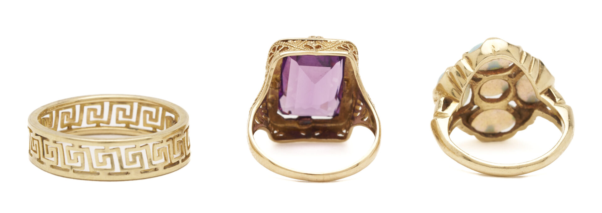 Lot 1105: Three (3) 14K Gold Rings: Filigree Ring w/ Amethyst, Opal Ring, and Greek Key