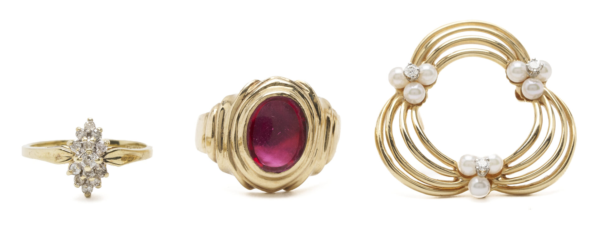 Lot 1111: Three (3) Jewelry Pieces: 14K Yellow Gold & Pearl Brooch, 10K Yellow Gold & Synthetic Ruby Ring, 10K Yellow Gold & Diamond Ring