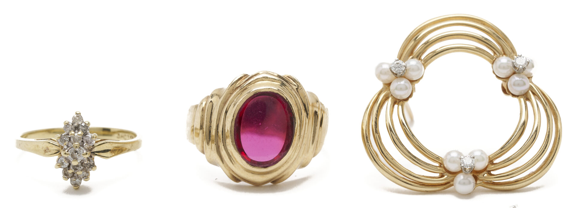 Lot 1111: Three (3) Jewelry Pieces: 14K Yellow Gold & Pearl Brooch, 10K Yellow Gold & Synthetic Ruby Ring, 10K Yellow Gold & Diamond Ring