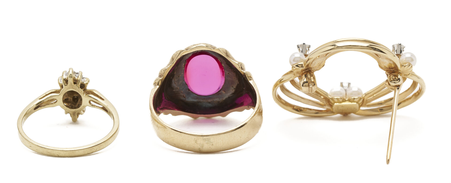 Lot 1111: Three (3) Jewelry Pieces: 14K Yellow Gold & Pearl Brooch, 10K Yellow Gold & Synthetic Ruby Ring, 10K Yellow Gold & Diamond Ring