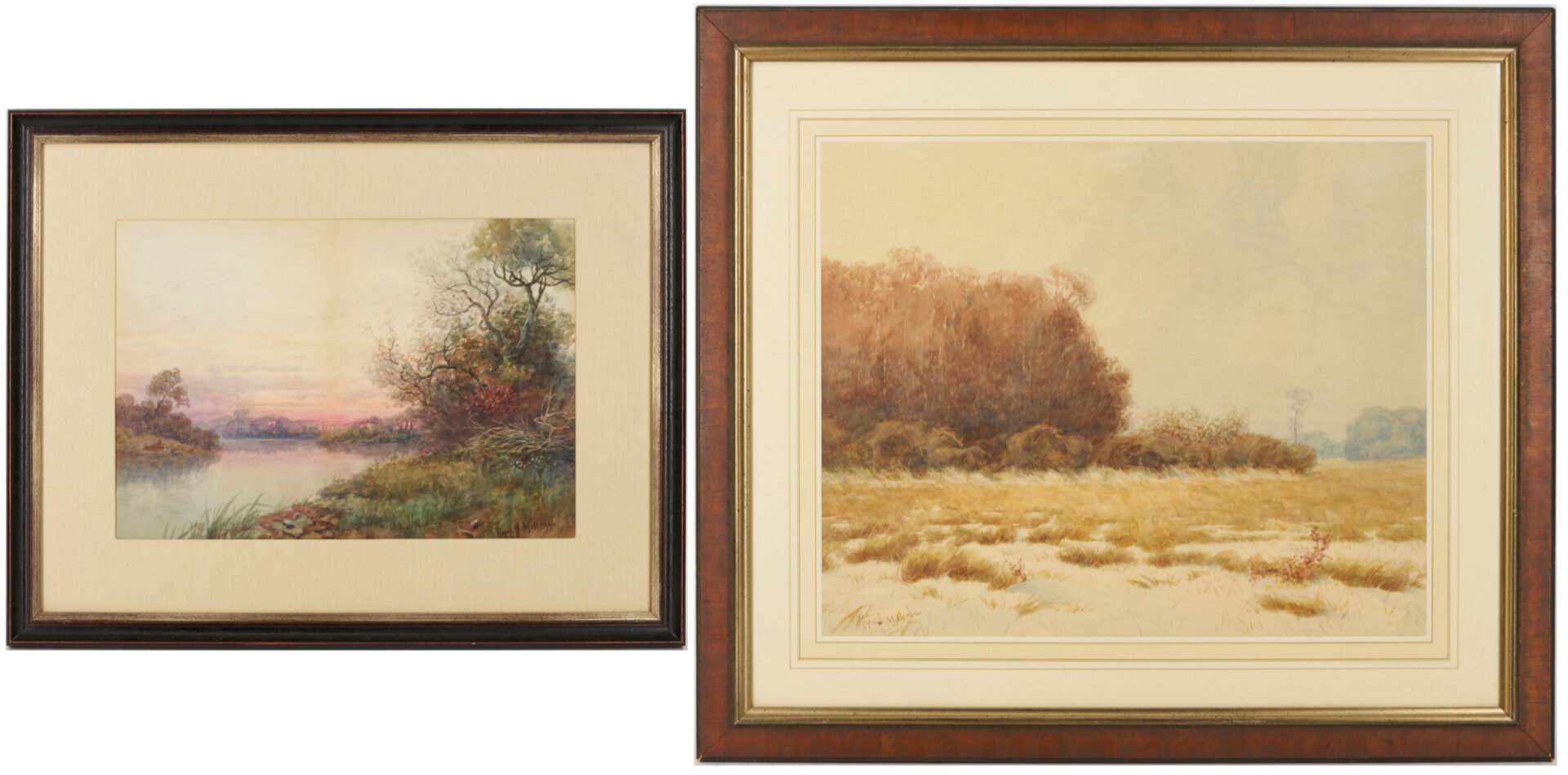 Lot 1149: 2 Royal Milleson W/C Landscape Paintings, Sunset and Winter Landscape