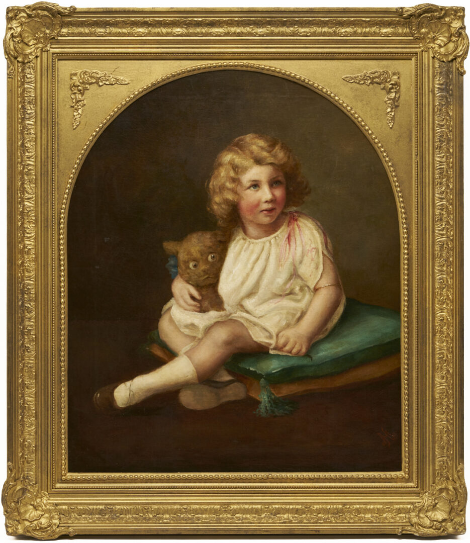 Lot 1151: English School 19th Century O/C Painting, Girl w/ Teddy Bear