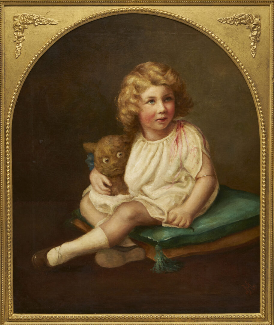 Lot 1151: English School 19th Century O/C Painting, Girl w/ Teddy Bear