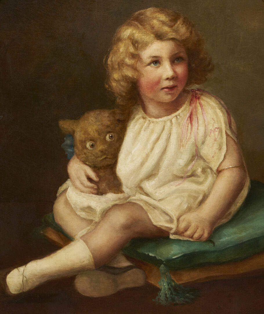 Lot 1151: English School 19th Century O/C Painting, Girl w/ Teddy Bear