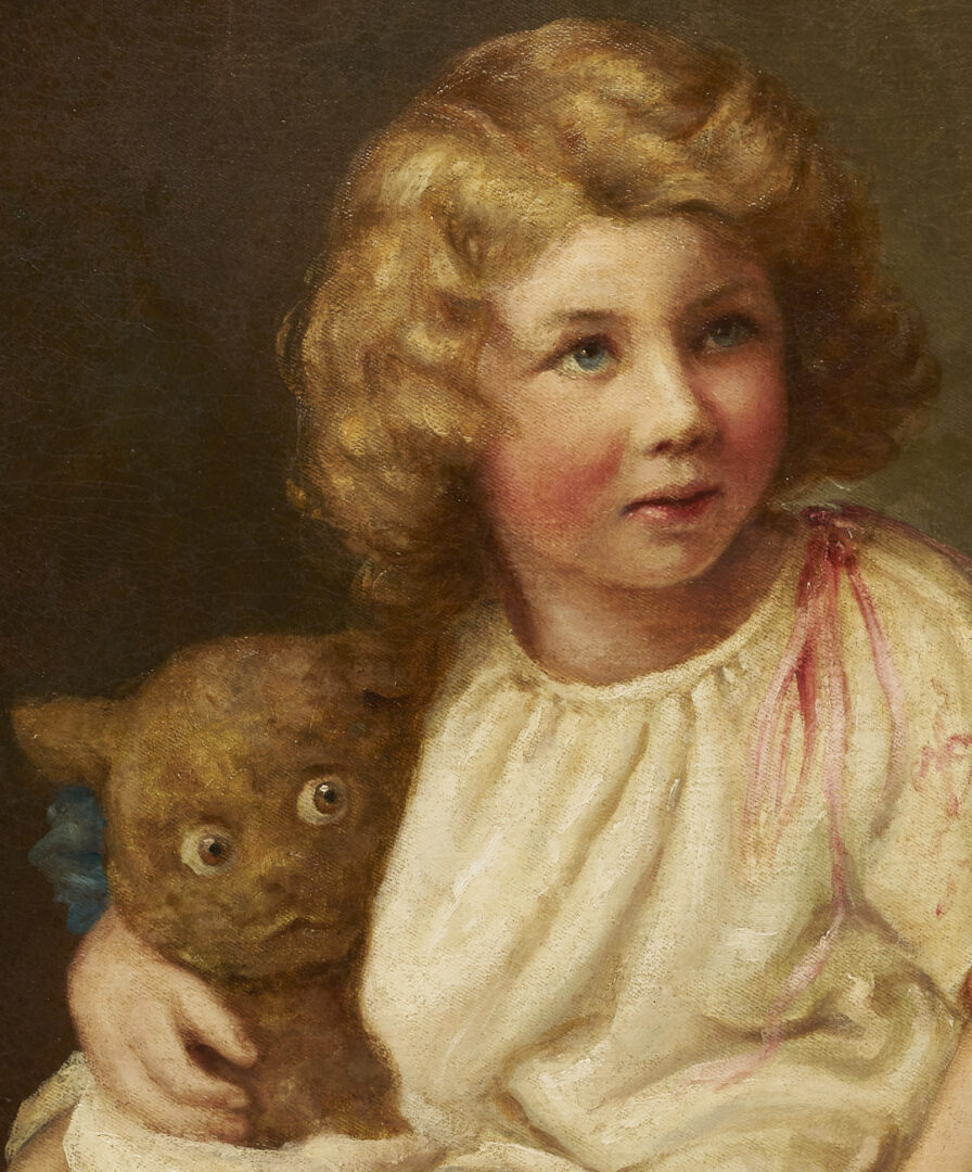 Lot 1151: English School 19th Century O/C Painting, Girl w/ Teddy Bear