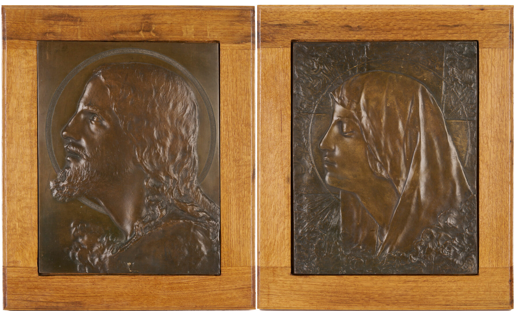 Lot 1159: Pair Bronze Bas Relief Plaques, Christ & Madonna