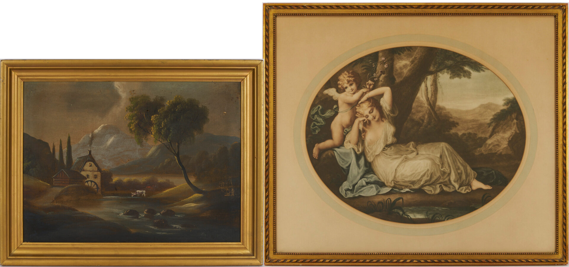 Lot 1162: Continental O/C Landscape w/ Mill plus Print after Angelica Kauffmann