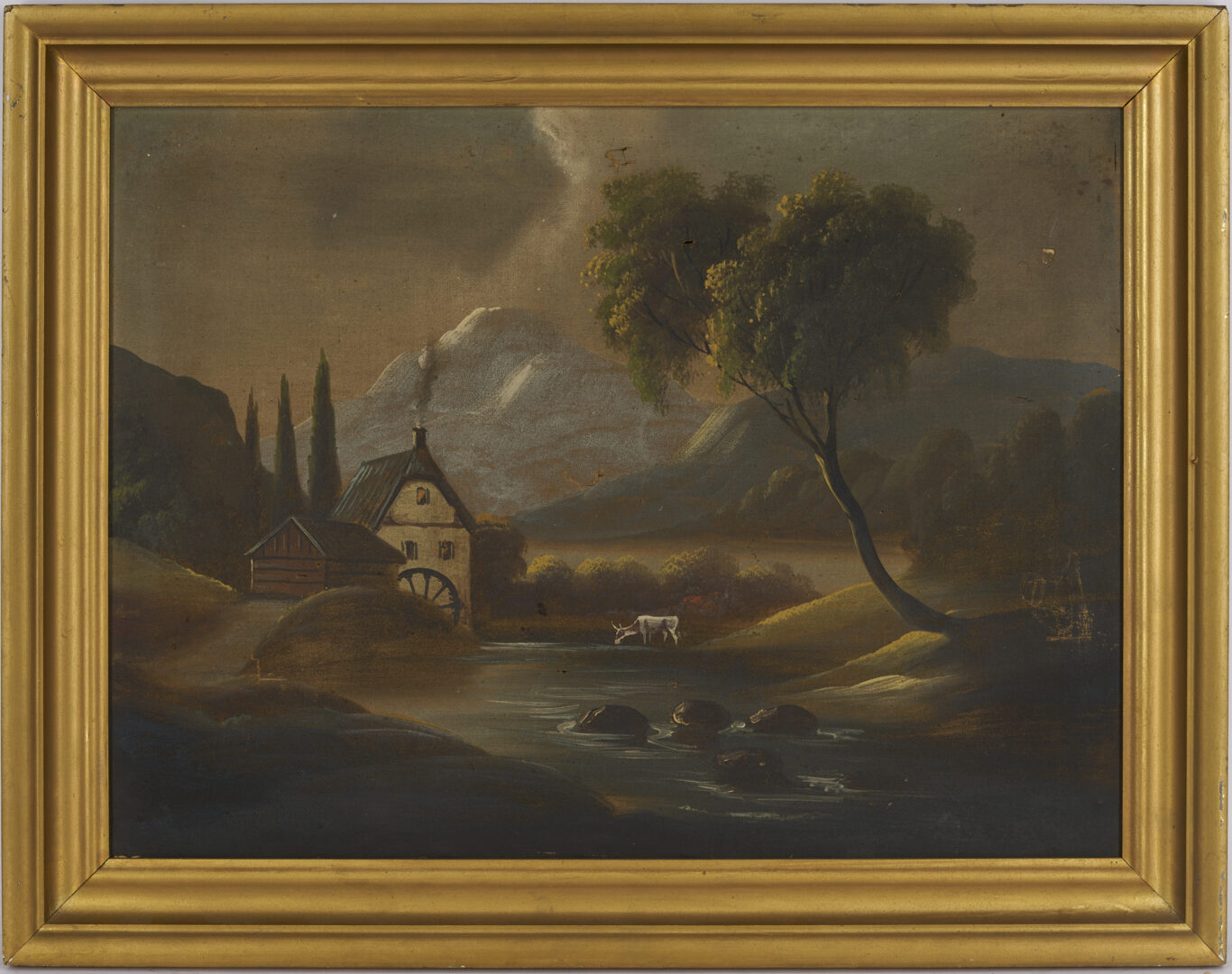 Lot 1162: Continental O/C Landscape w/ Mill plus Print after Angelica Kauffmann