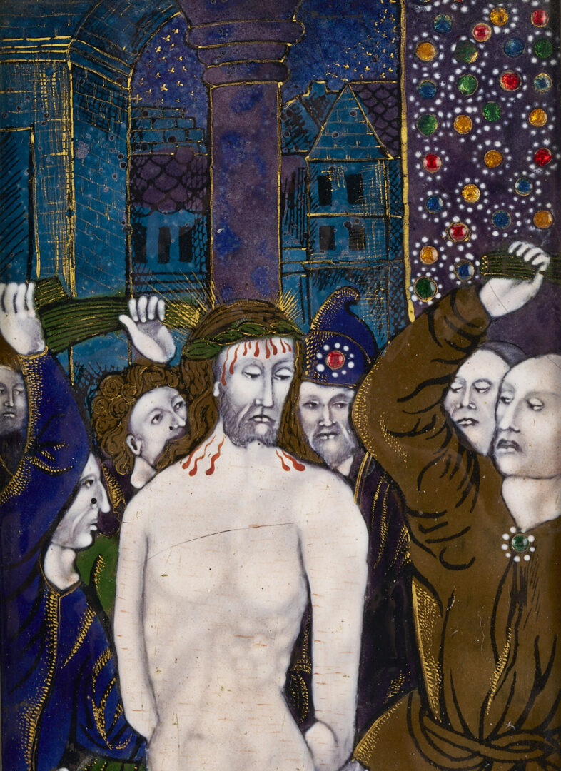 Lot 116: After Jean Penicaud I Limoges Enameled Triptych, Three Scenes from the Passion of Christ