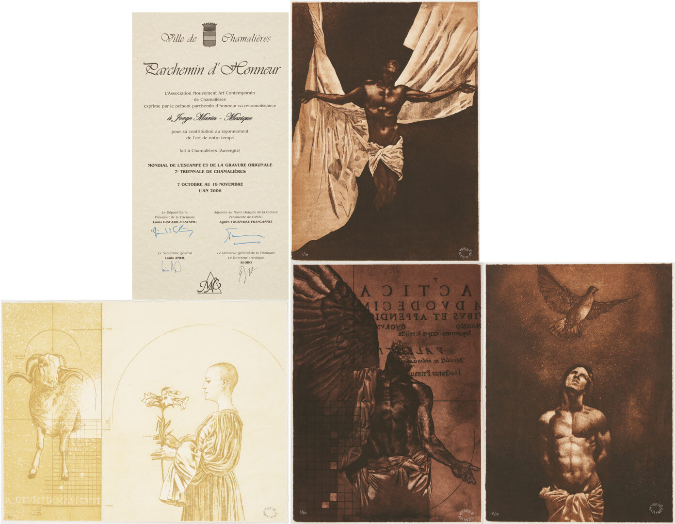 Lot 1194: 4 Jorge Marin Etchings, plus Triennale Mondiale de l'Estampe Letter of Honor