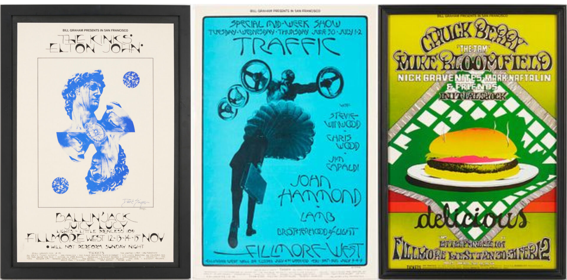 Lot 1198: 3 Vintage Bill Graham Rock Posters: The Kinks & Elton John, Traffic, Chuck Berry