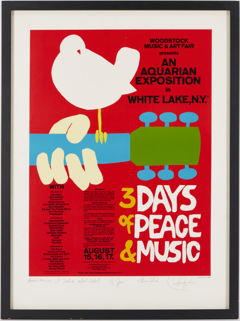 Lot 1199: Woodstock Poster Signed by Santana, Grace Slick, Richie Havens,ÃÂ Wavy Gravy, & Others