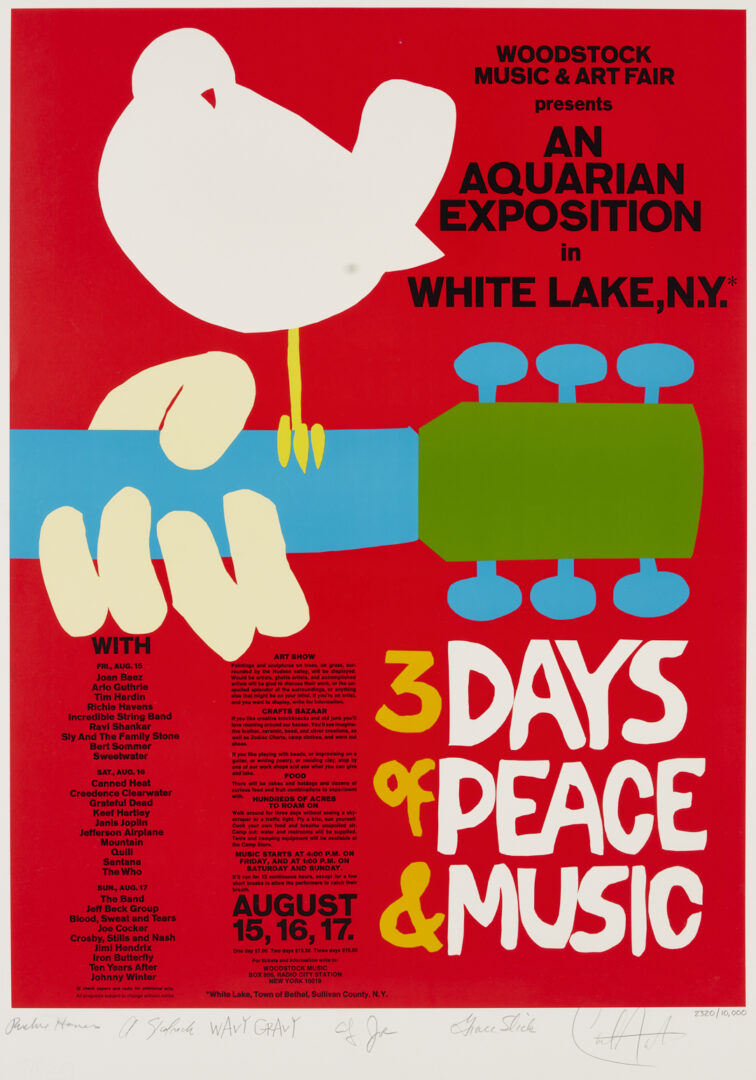 Lot 1199: Woodstock Poster Signed by Santana, Grace Slick, Richie Havens,ÃÂ Wavy Gravy, & Others