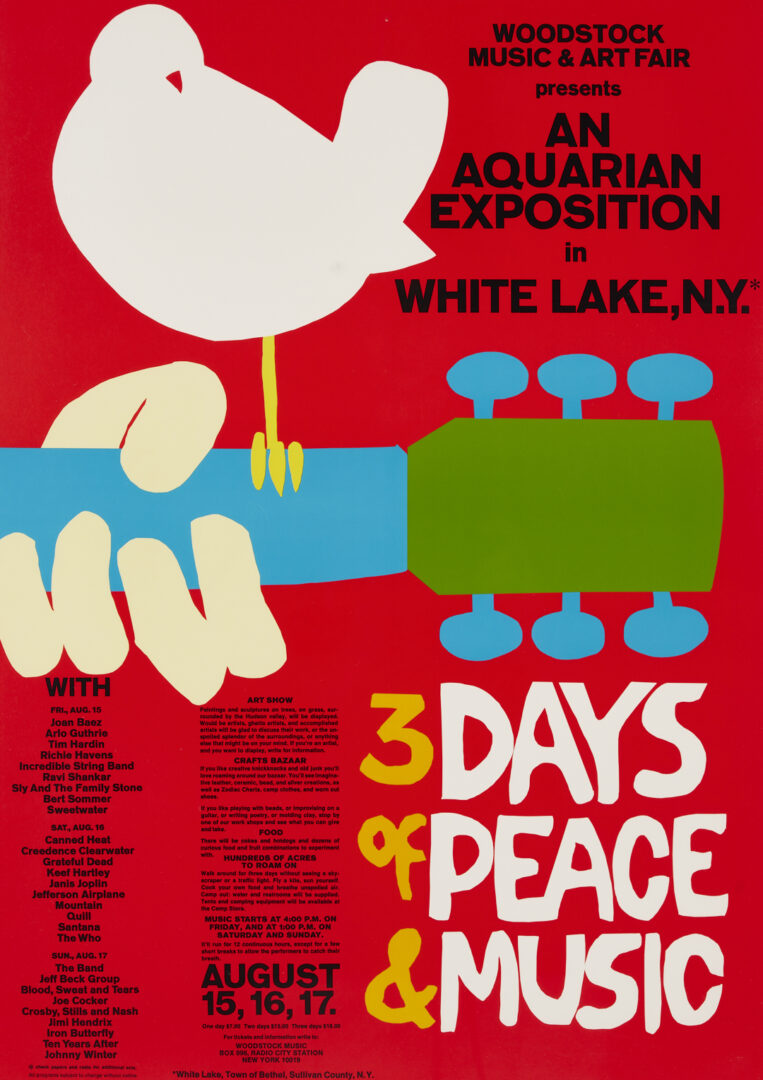 Lot 1199: Woodstock Poster Signed by Santana, Grace Slick, Richie Havens,ÃÂ Wavy Gravy, & Others