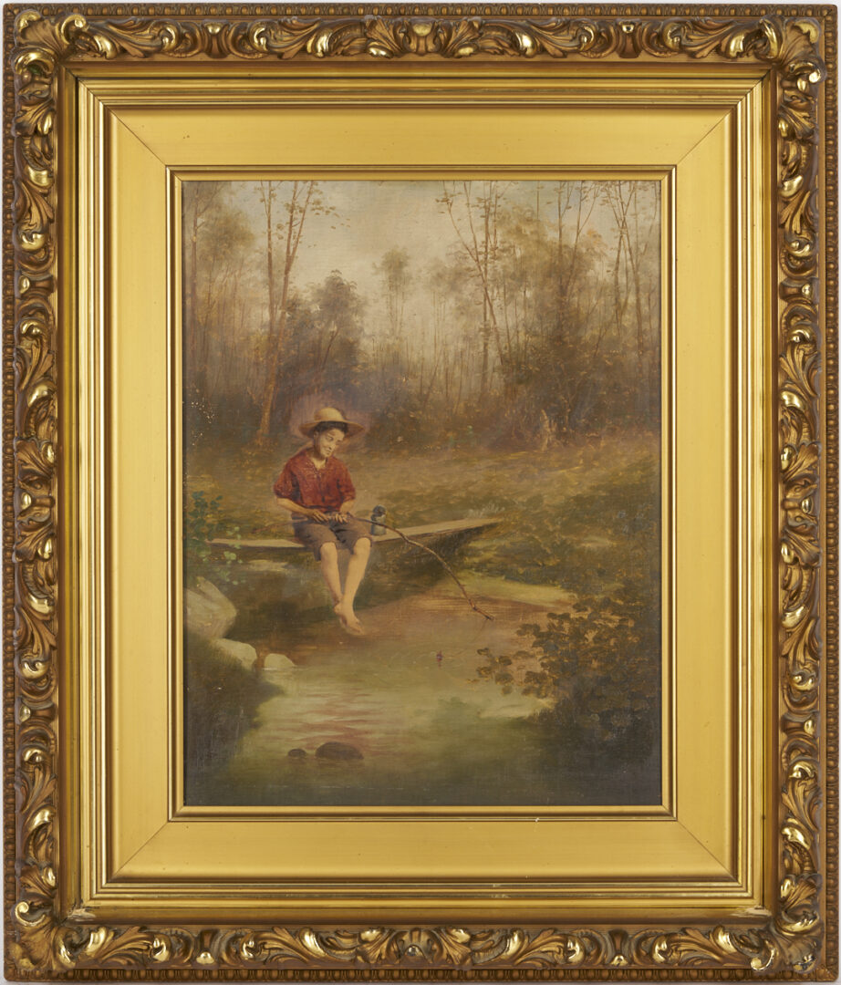 Lot 1210: American School Hand Painted Photograph of Boy Fishing within Oil Landscape, The Truant