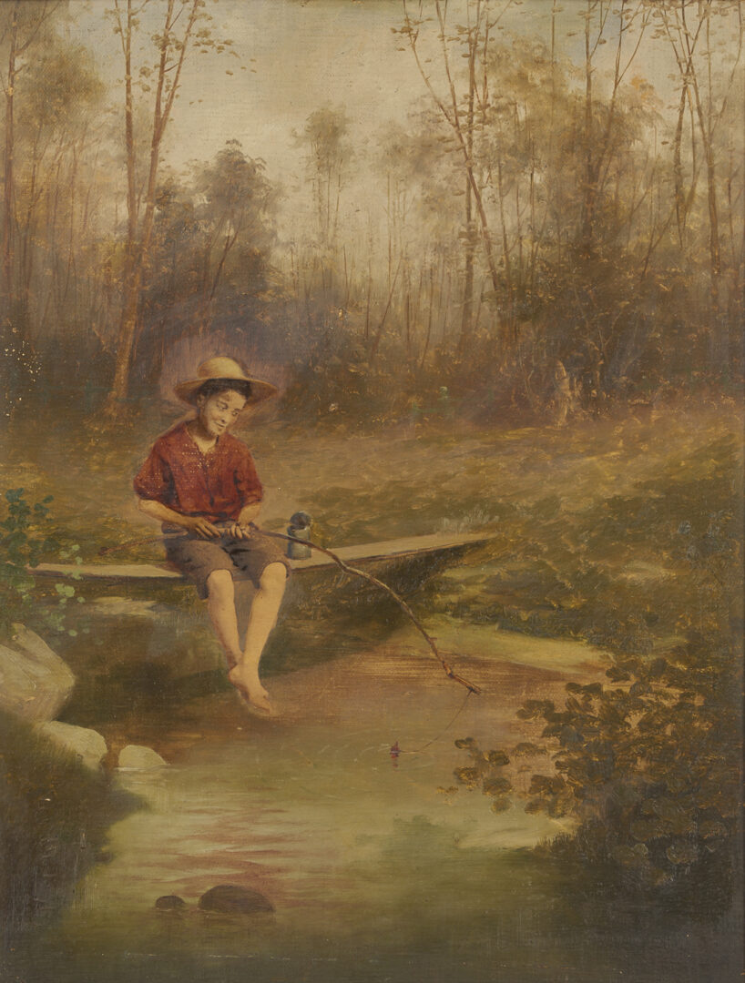 Lot 1210: American School Hand Painted Photograph of Boy Fishing within Oil Landscape, The Truant