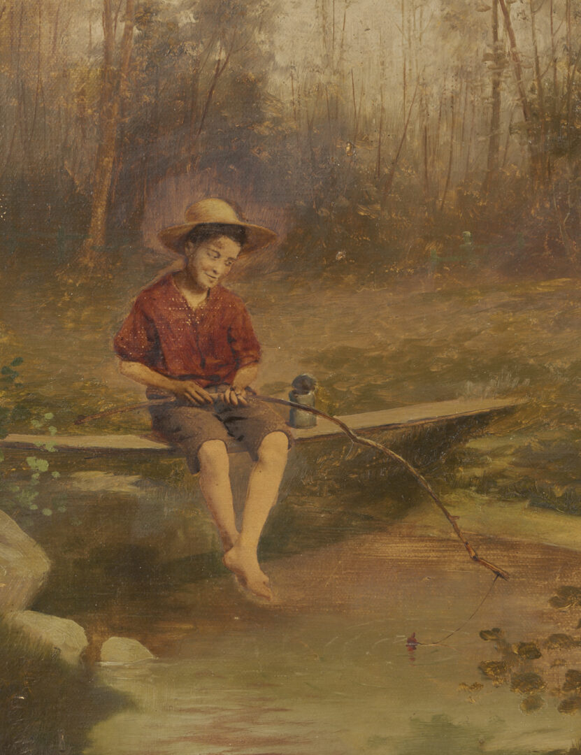 Lot 1210: American School Hand Painted Photograph of Boy Fishing within Oil Landscape, The Truant