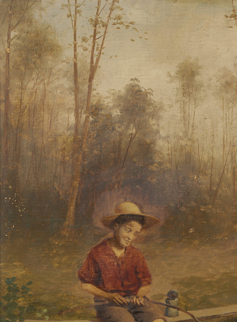 Lot 1210: American School Hand Painted Photograph of Boy Fishing within Oil Landscape, The Truant