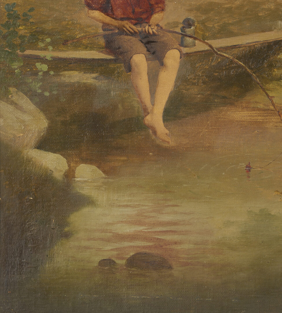 Lot 1210: American School Hand Painted Photograph of Boy Fishing within Oil Landscape, The Truant