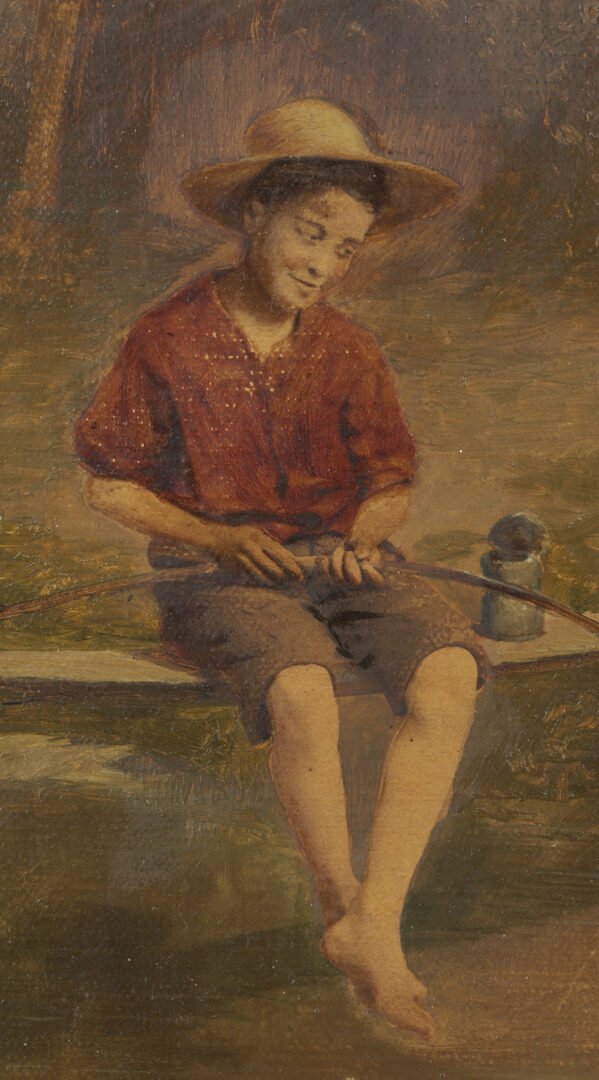 Lot 1210: American School Hand Painted Photograph of Boy Fishing within Oil Landscape, The Truant