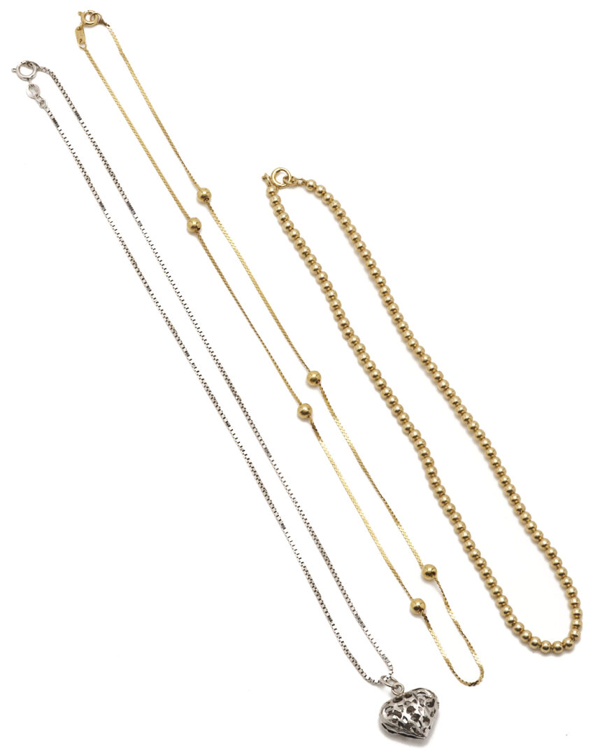 Lot 1219: Three (3) 14K Gold Necklaces incl. Italian Herringbone, Box Chain & Gold Beaded