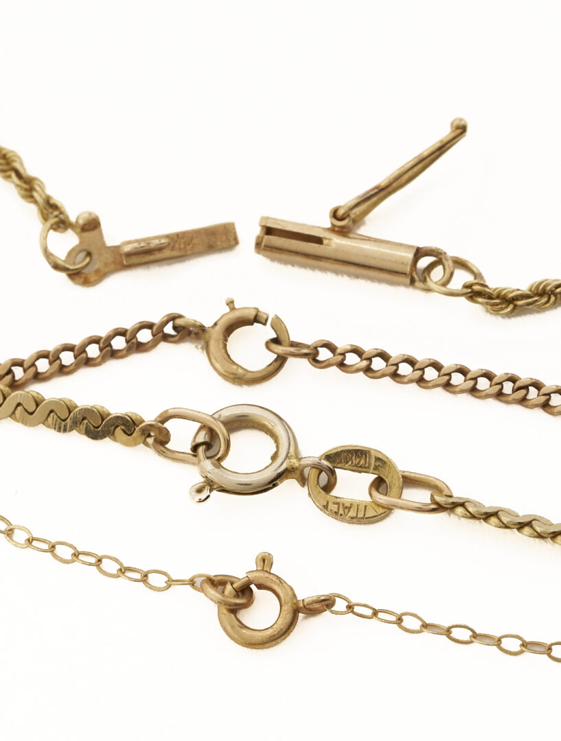 Lot 1220: Four (4) Gold Necklaces: 14K Rope Chain, 14K Link Chain, 14K Italian Curved Herringbone, & 10K Rose Gold Curb Chain