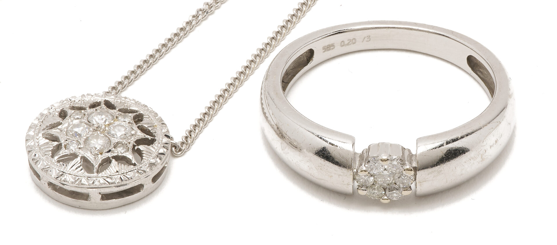 Lot 1222: 14K White Gold & Diamond Ring and Necklace