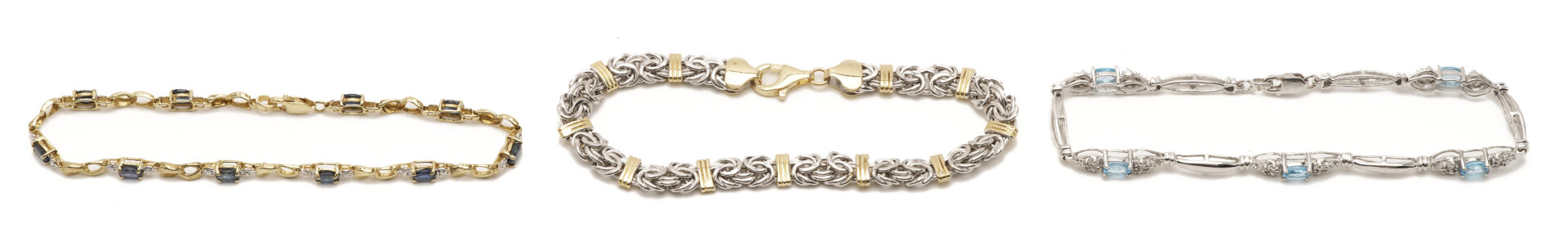 Lot 1225: Three (3) Ladies' Bracelets: 14K Yellow & White Gold Bracelet, 10K Yellow Gold & Sapphire Bracelet, and 10K White Gold & Blue Topaz