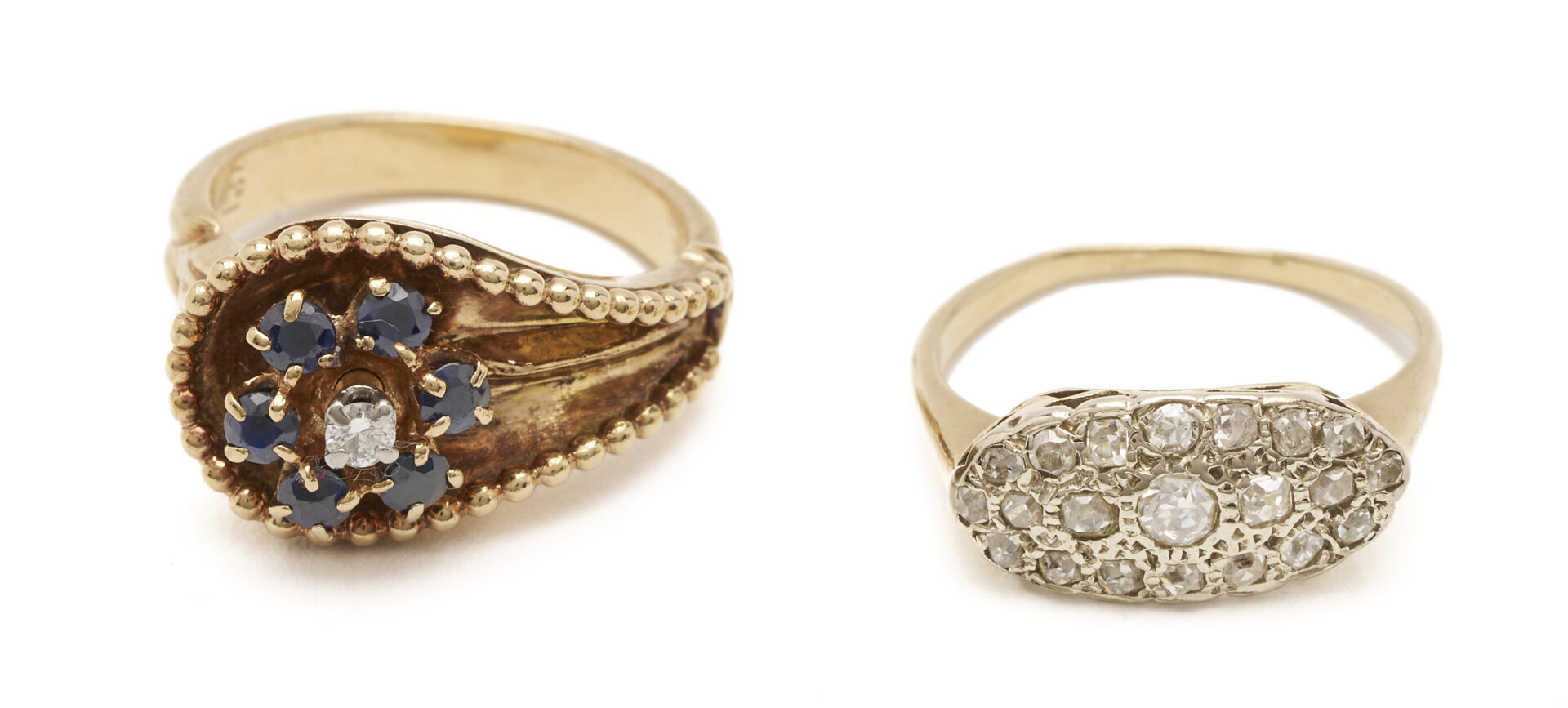 Lot 1228: Two (2) Rings: 14K Gold, Diamond & Sapphire Ring; 14K Gold & Diamond Ring