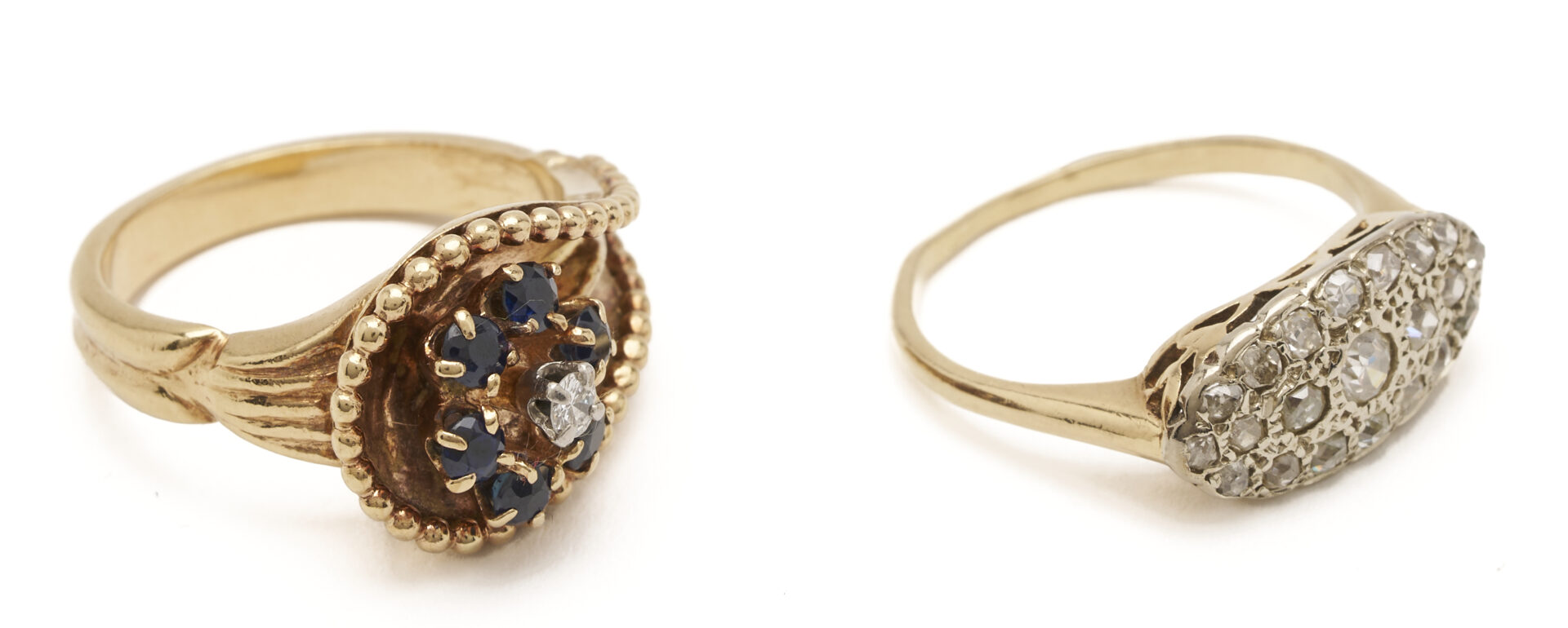 Lot 1228: Two (2) Rings: 14K Gold, Diamond & Sapphire Ring; 14K Gold & Diamond Ring