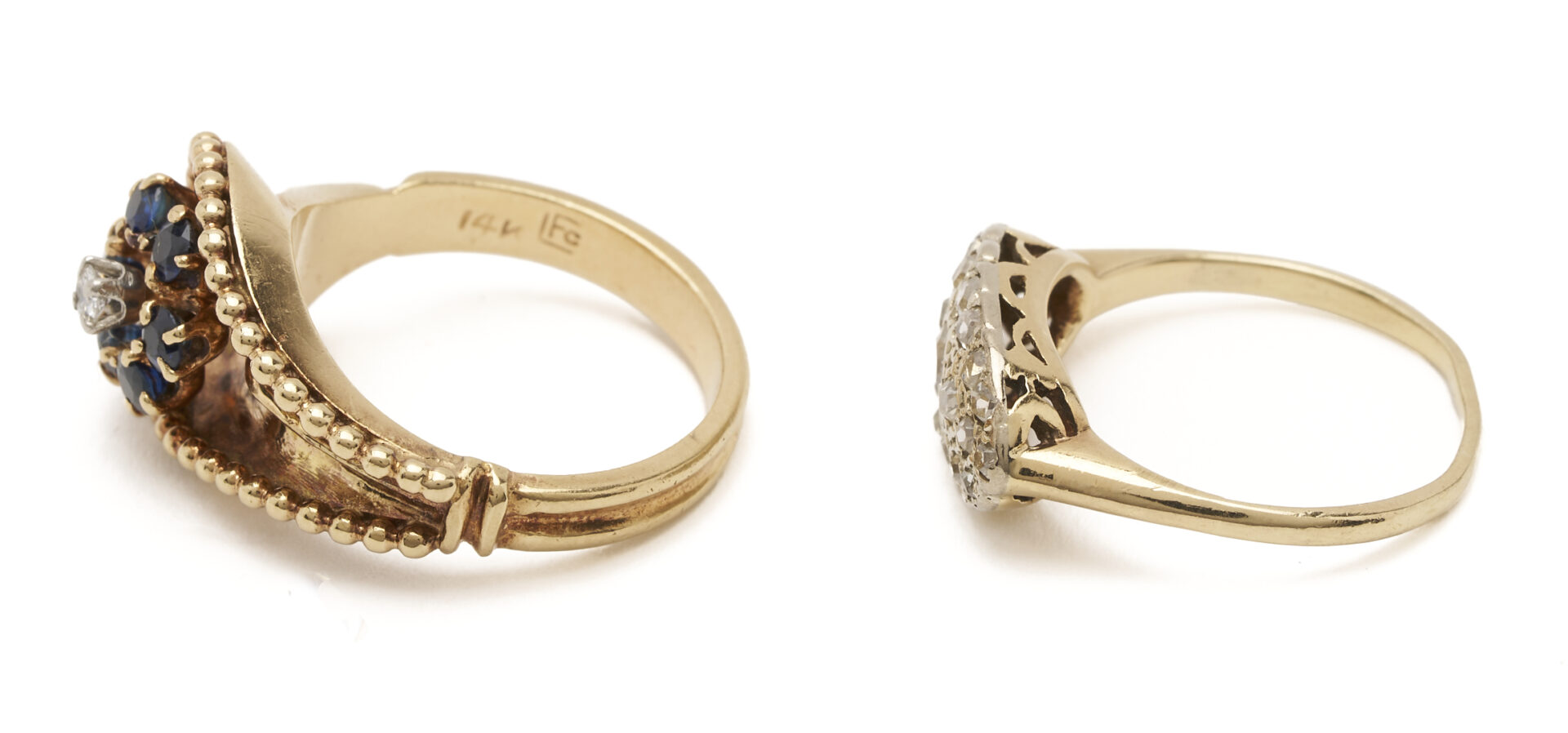 Lot 1228: Two (2) Rings: 14K Gold, Diamond & Sapphire Ring; 14K Gold & Diamond Ring