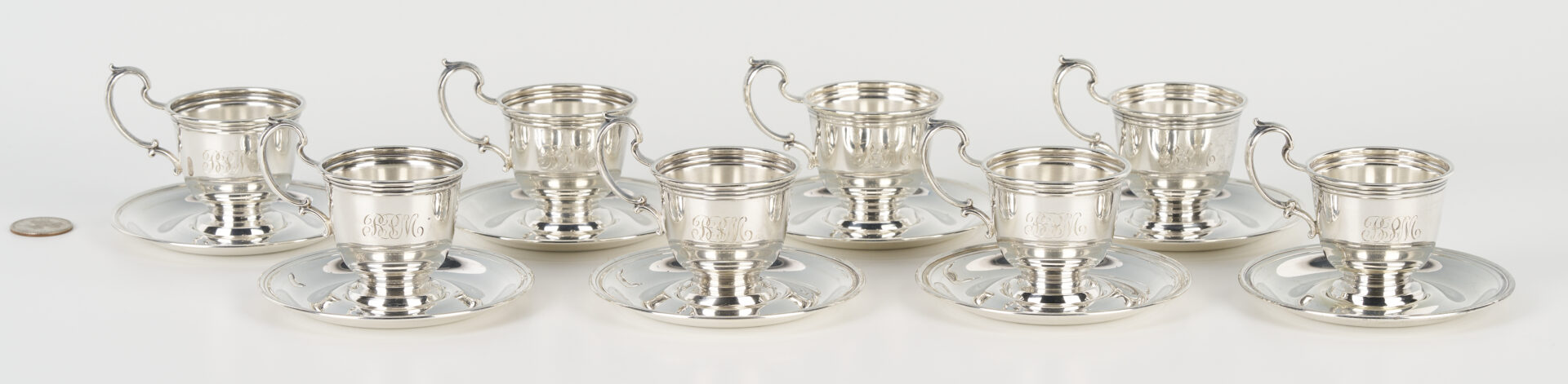 Lot 1254: 8 Whiting Sterling Demitasse Cups w/ Saucers