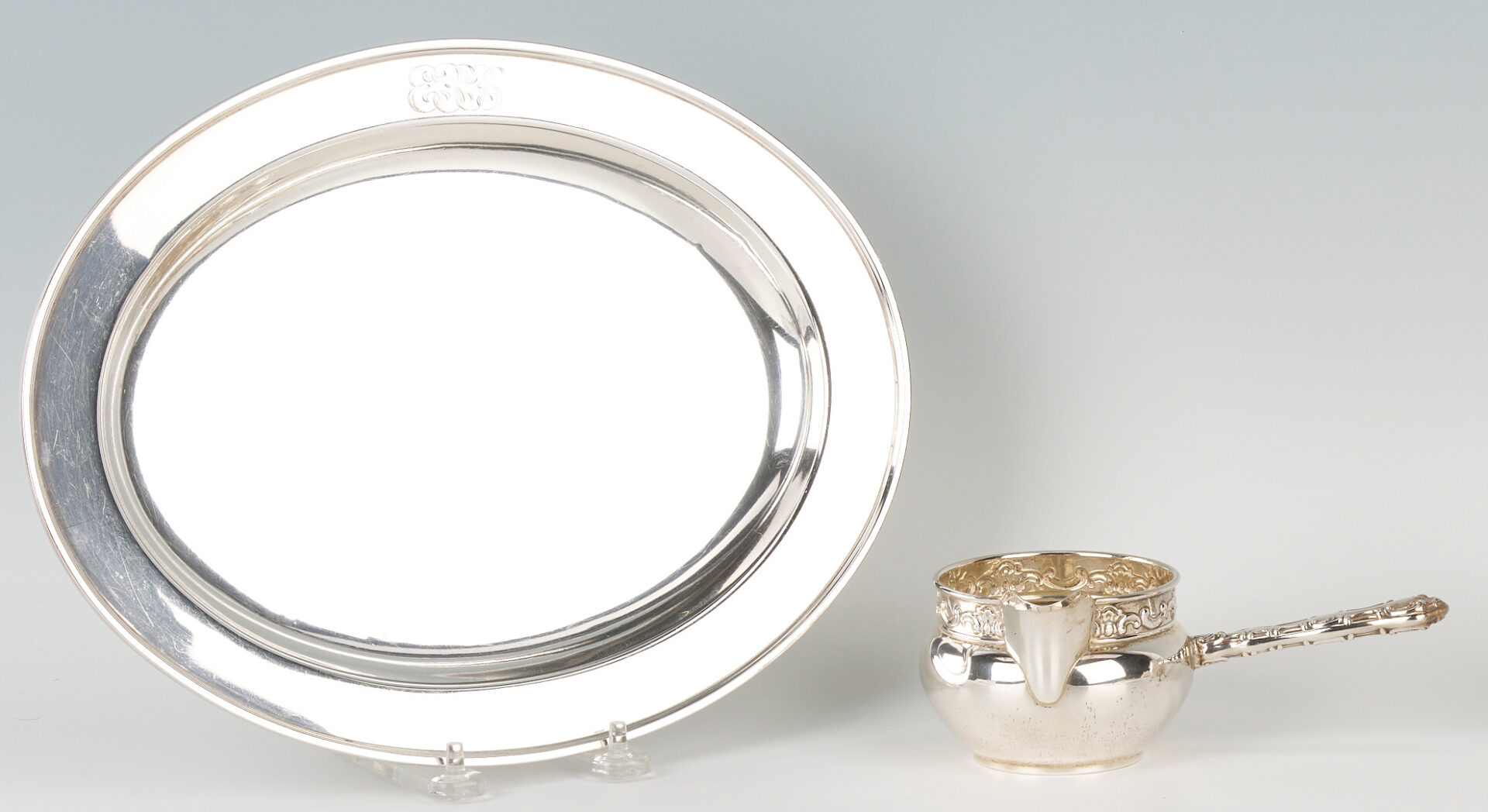 Lot 1255: Whiting Sterling Platter and Brandy Warmer, 2 pcs