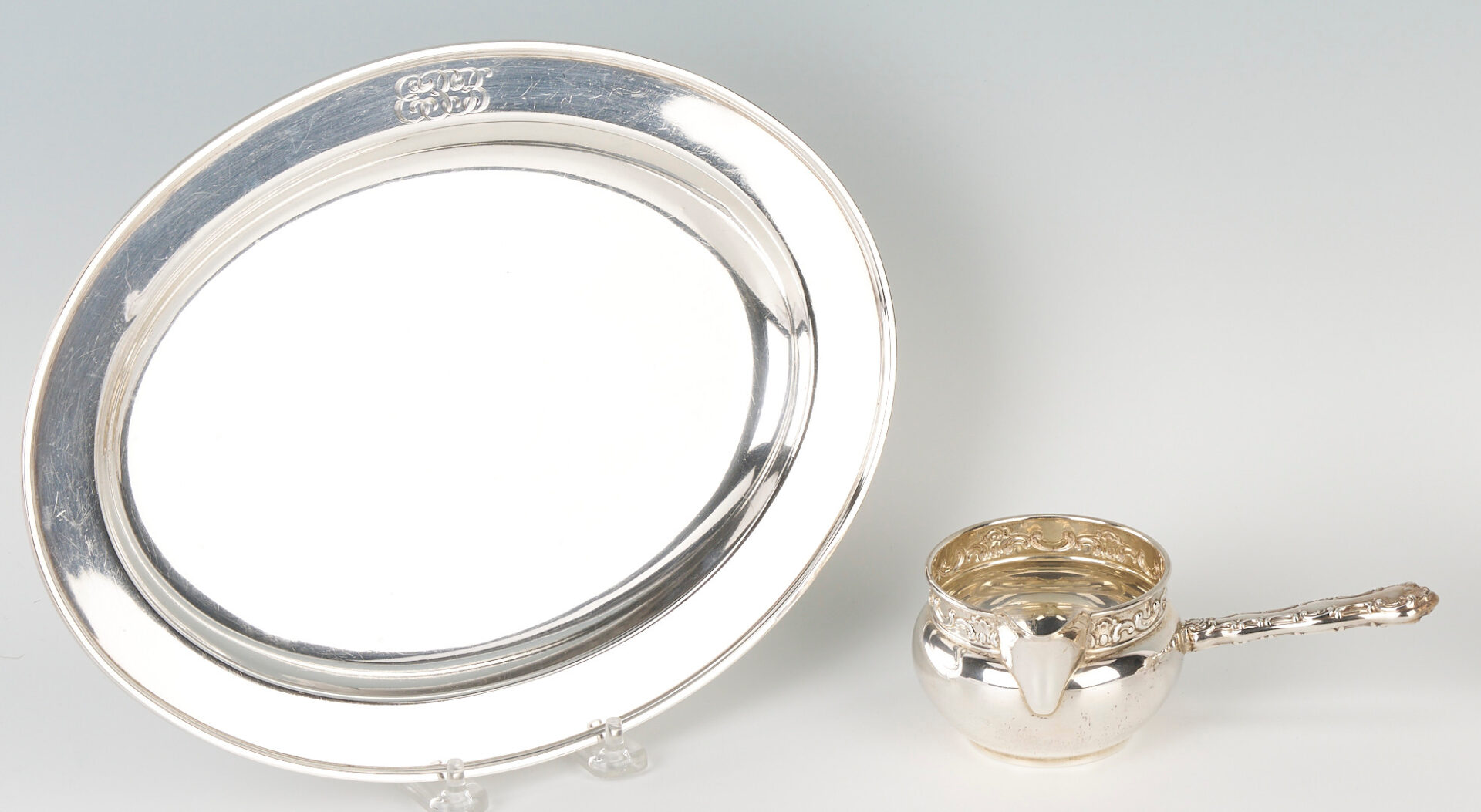 Lot 1255: Whiting Sterling Platter and Brandy Warmer, 2 pcs