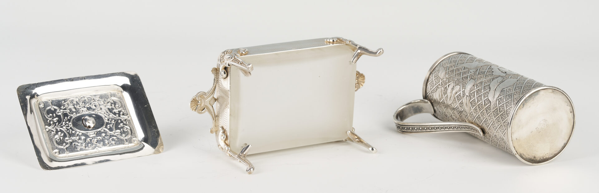 Lot 1260: Whiting Japanese – Aesthetic Sterling Bucket plus S/P Sardine Box and Jug