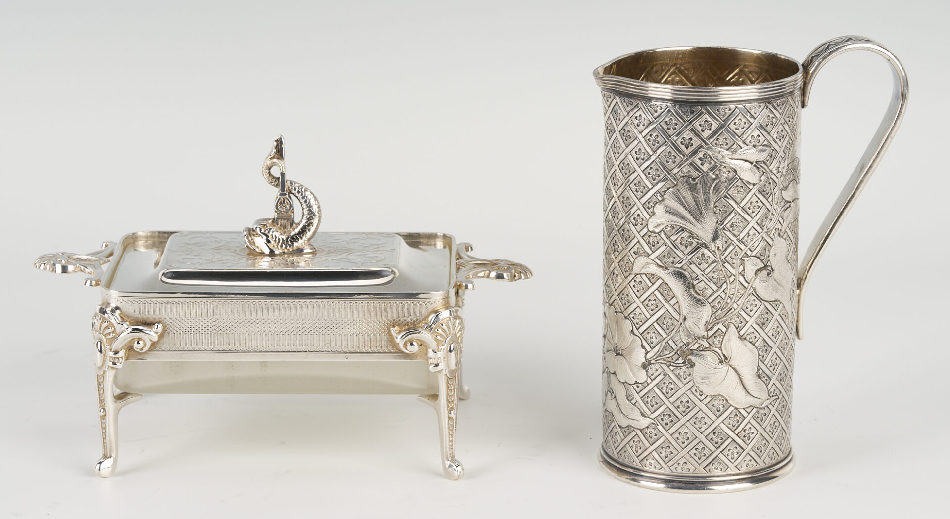 Lot 1260: Whiting Japanese – Aesthetic Sterling Bucket plus S/P Sardine Box and Jug